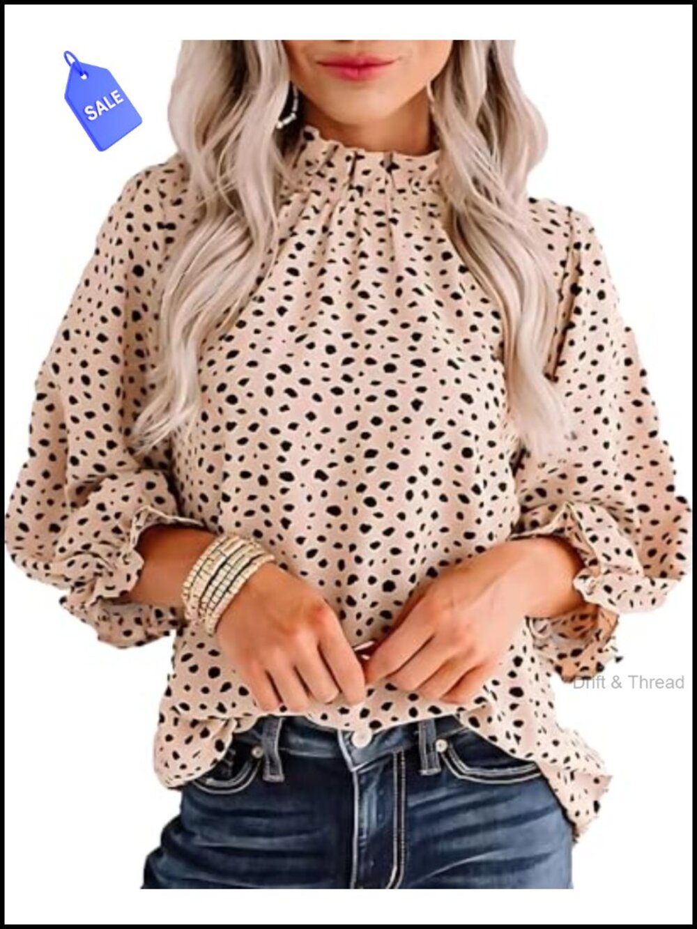 Leopard Blouse Ruffle Mock Neck 3/4 Sleeve Button Back Business Casual